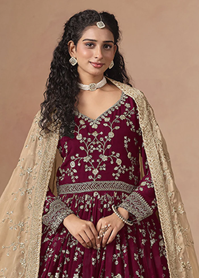 3 Pc Maroon Georgette Anarkali Suits Set - Image 2