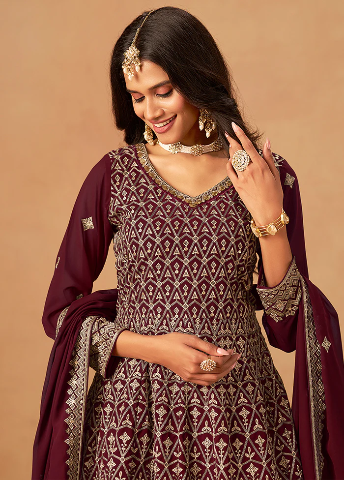 3 Pc Maroon Georgette Plazzo Suit Set - Image 2
