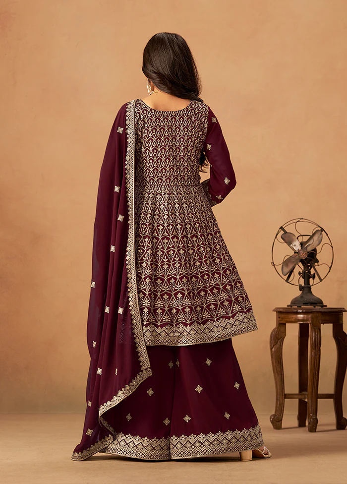 3 Pc Maroon Georgette Plazzo Suit Set - Image 3
