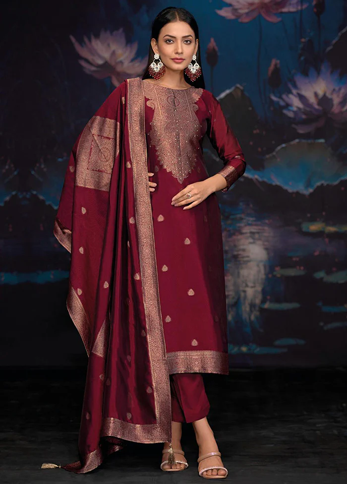 3 Pc Maroon Pure Semi Stitched Silk Dupatta Suit Set