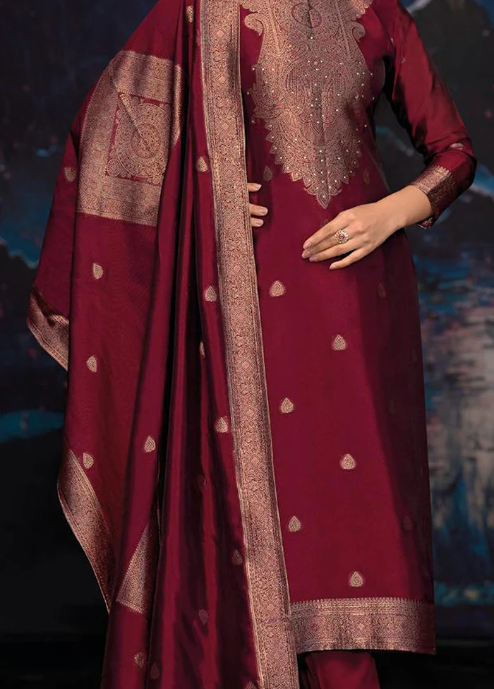 3 Pc Maroon Pure Semi Stitched Silk Dupatta Suit Set - Image 3