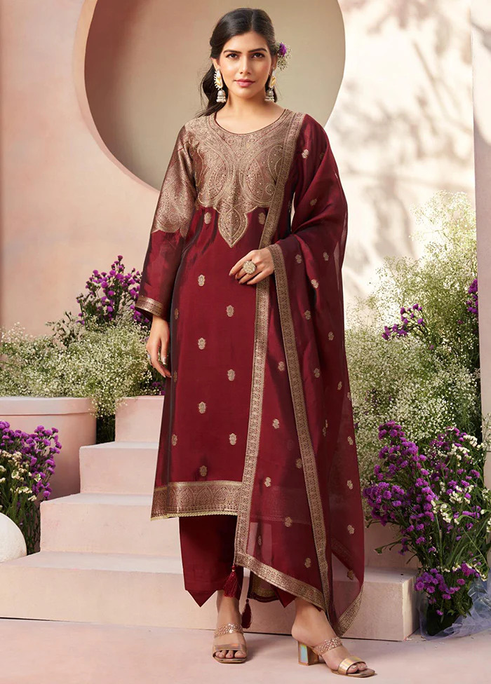 3 Pc Maroon Pure Semi Stitched Silk Dupatta Suit Set