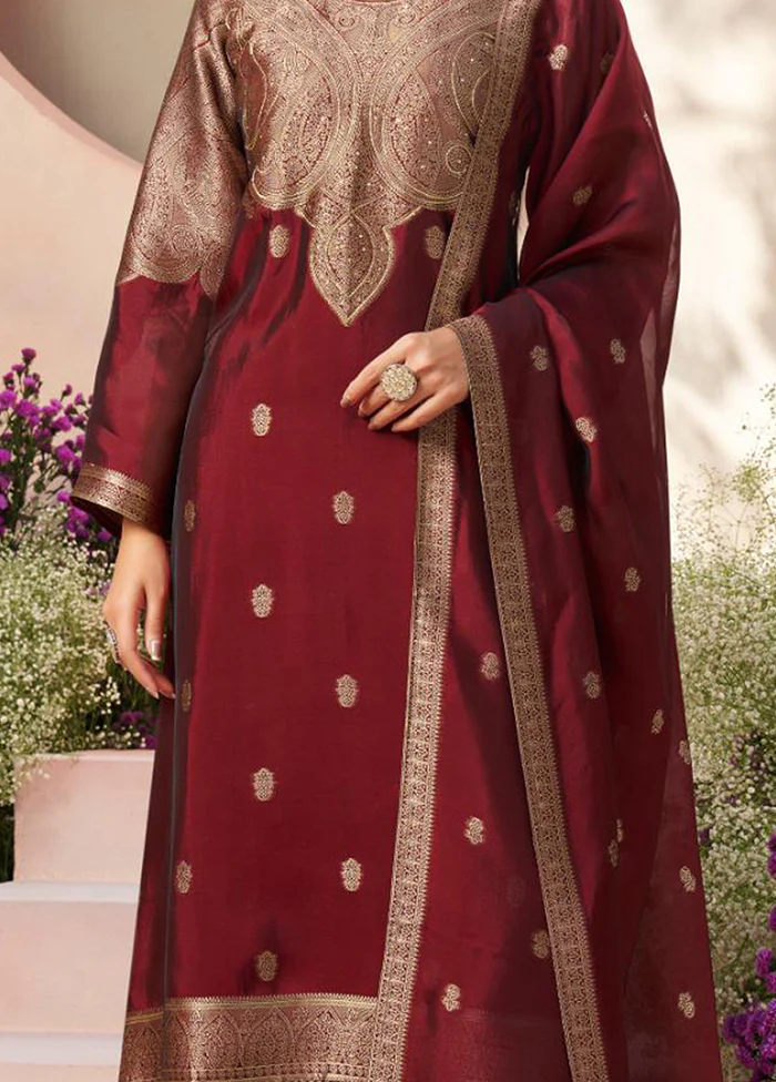 3 Pc Maroon Pure Semi Stitched Silk Dupatta Suit Set - Image 3