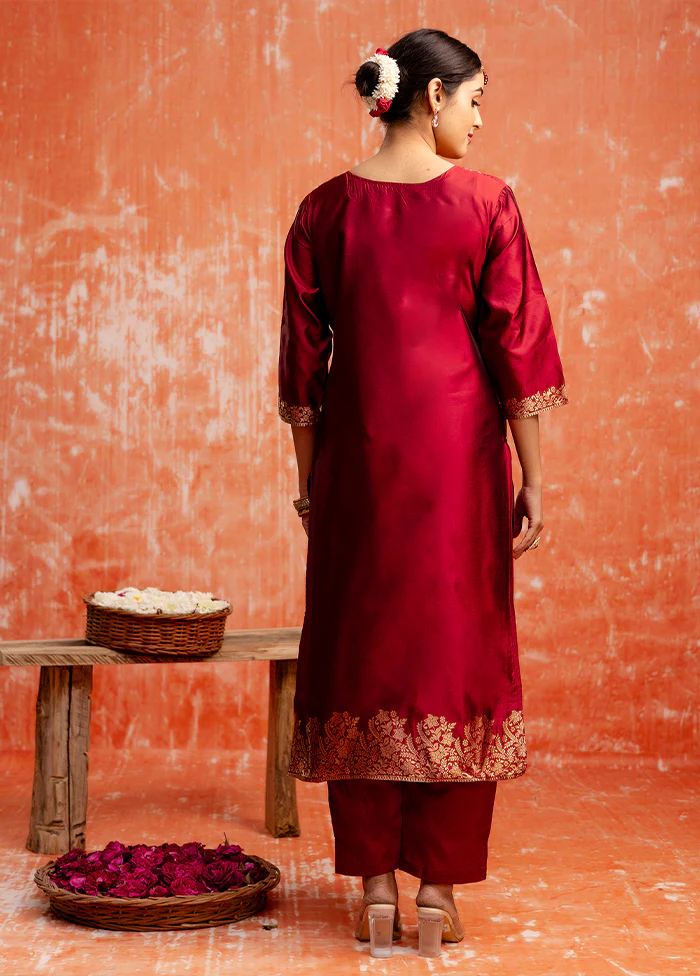 3 Pc Maroon Readymade Cotton Dupatta Suit Set - Image 3