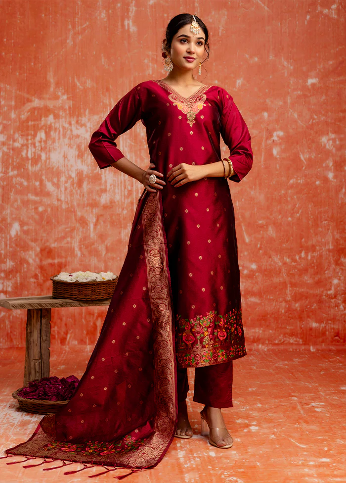 3 Pc Maroon Readymade Cotton Dupatta Suit Set