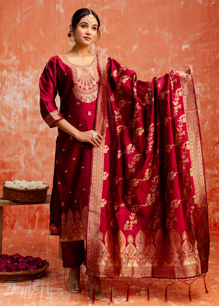 3 Pc Maroon Readymade Cotton Dupatta Suit Set