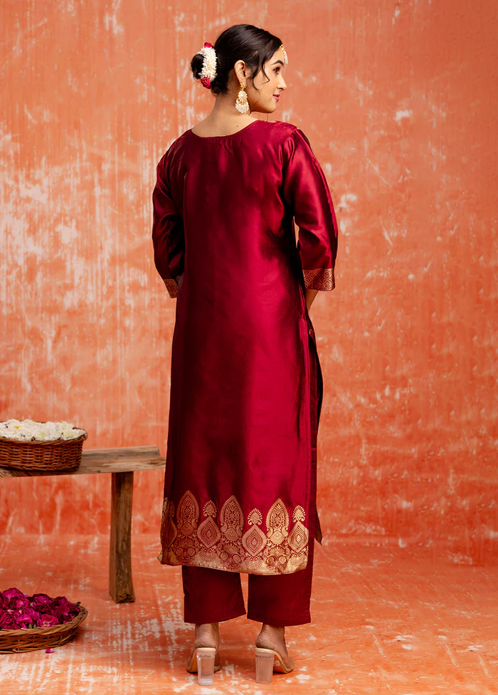 3 Pc Maroon Readymade Cotton Dupatta Suit Set - Image 3