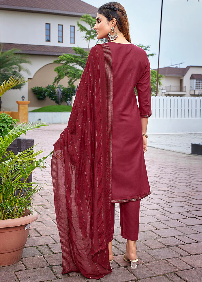 3 Pc Maroon Readymade Cotton Suit Set - Image 2