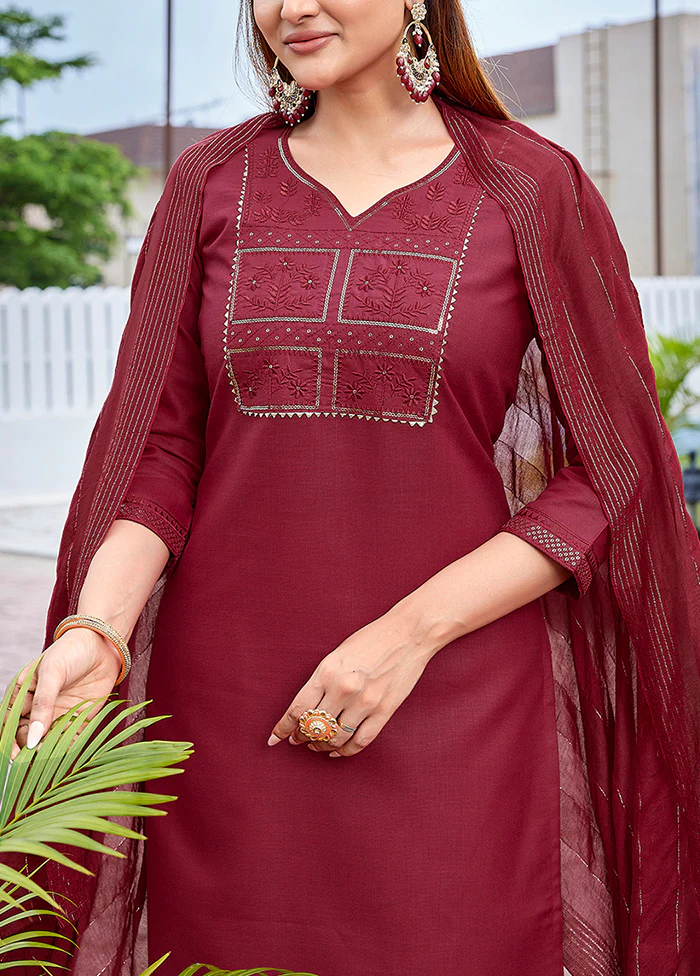 3 Pc Maroon Readymade Cotton Suit Set - Image 3