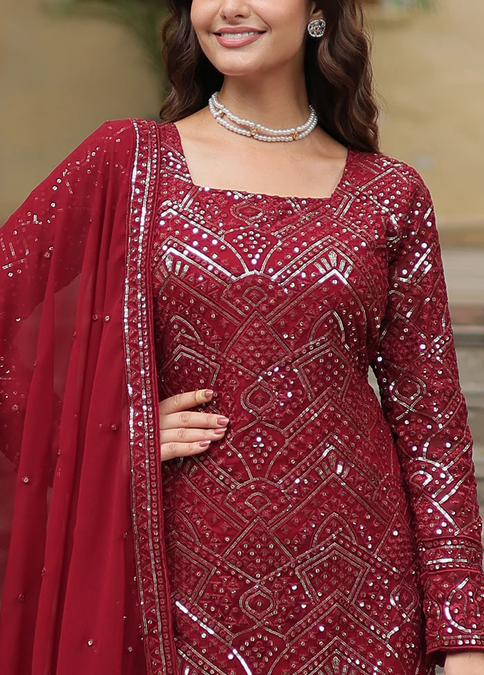 3 Pc Maroon Readymade Georgette Dupatta Suit Set - Image 3