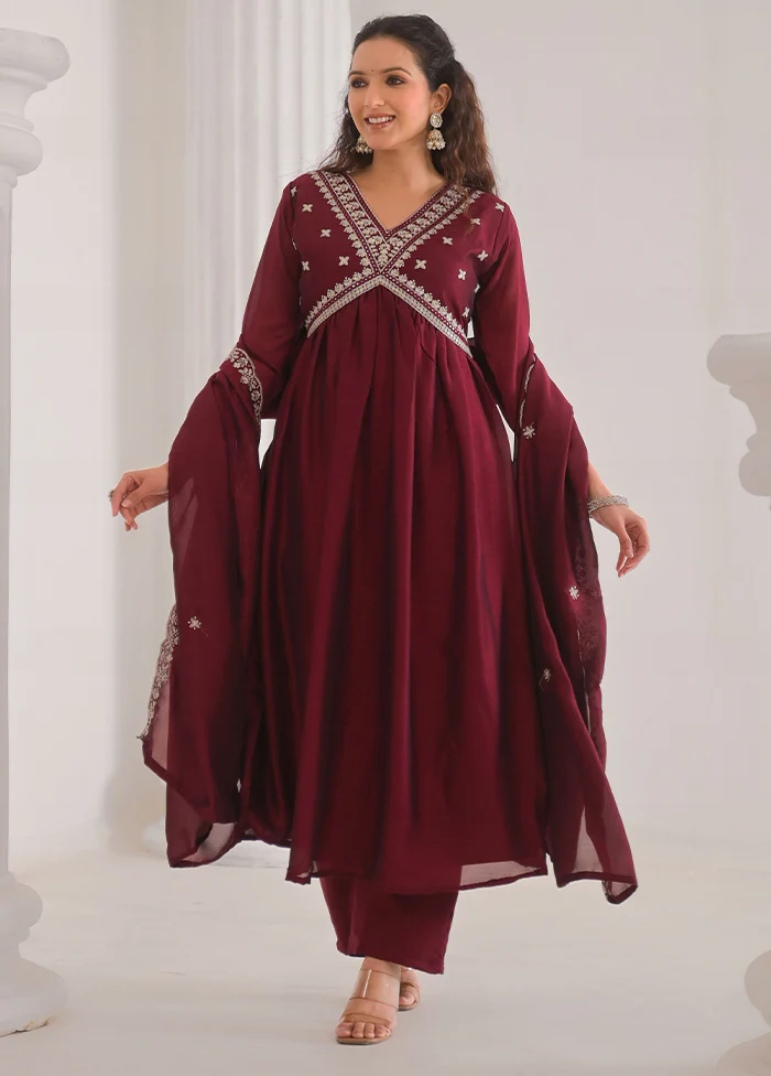 3 Pc Maroon Readymade Silk Dupatta Suit Set