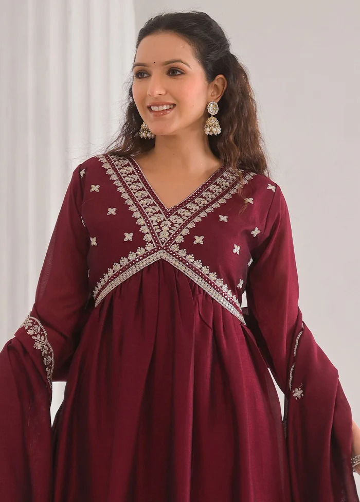 3 Pc Maroon Readymade Silk Dupatta Suit Set - Image 2
