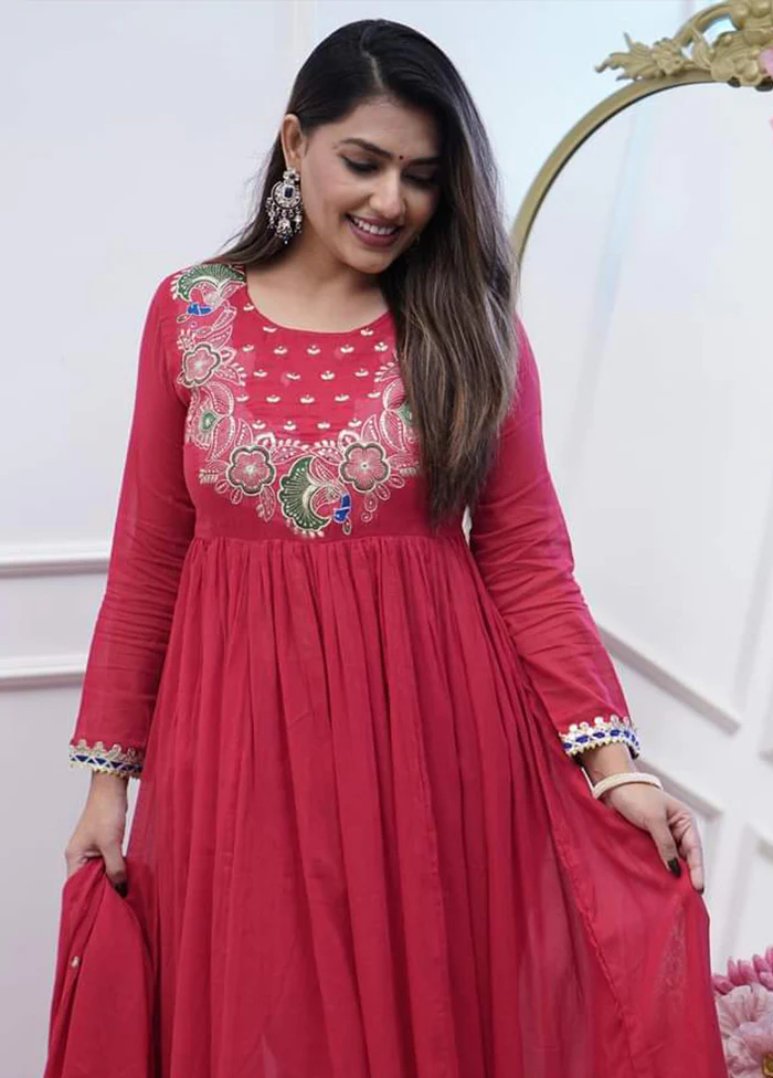 3 Pc Maroon Readymade Silk Dupatta Suit Set - Image 2