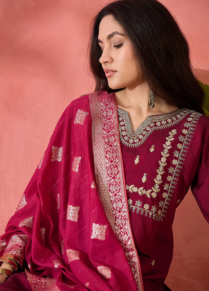 3 Pc Maroon Readymade Silk Dupatta Suit Set - Image 2