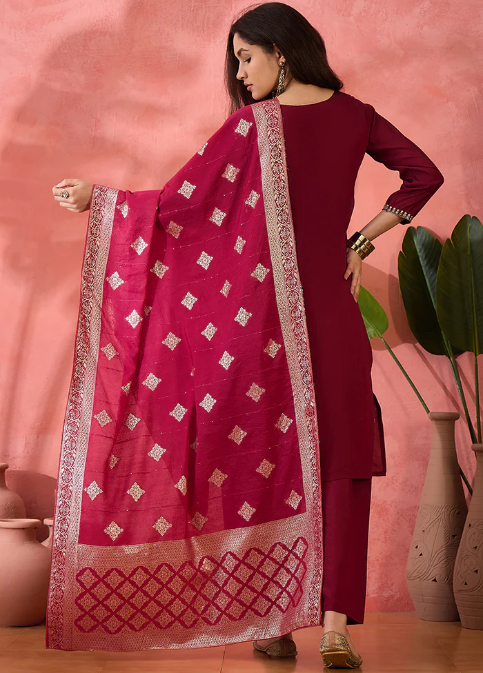 3 Pc Maroon Readymade Silk Dupatta Suit Set - Image 3