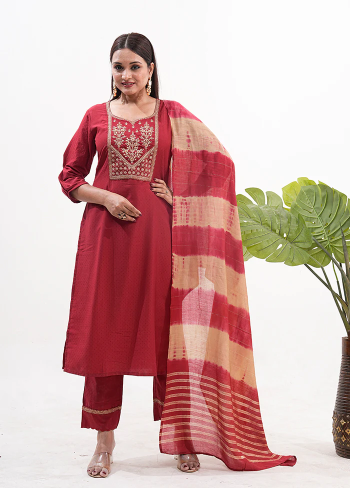 3 Pc Maroon Readymade Silk Dupatta Suit Set