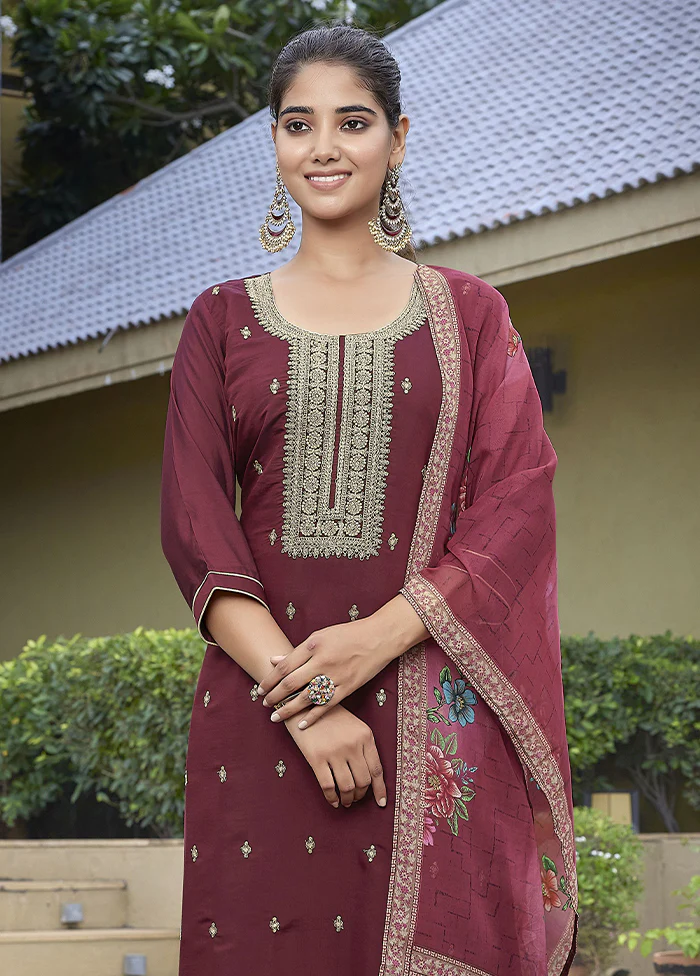 3 Pc Maroon Readymade Viscose Dupatta Suit Set - Image 2