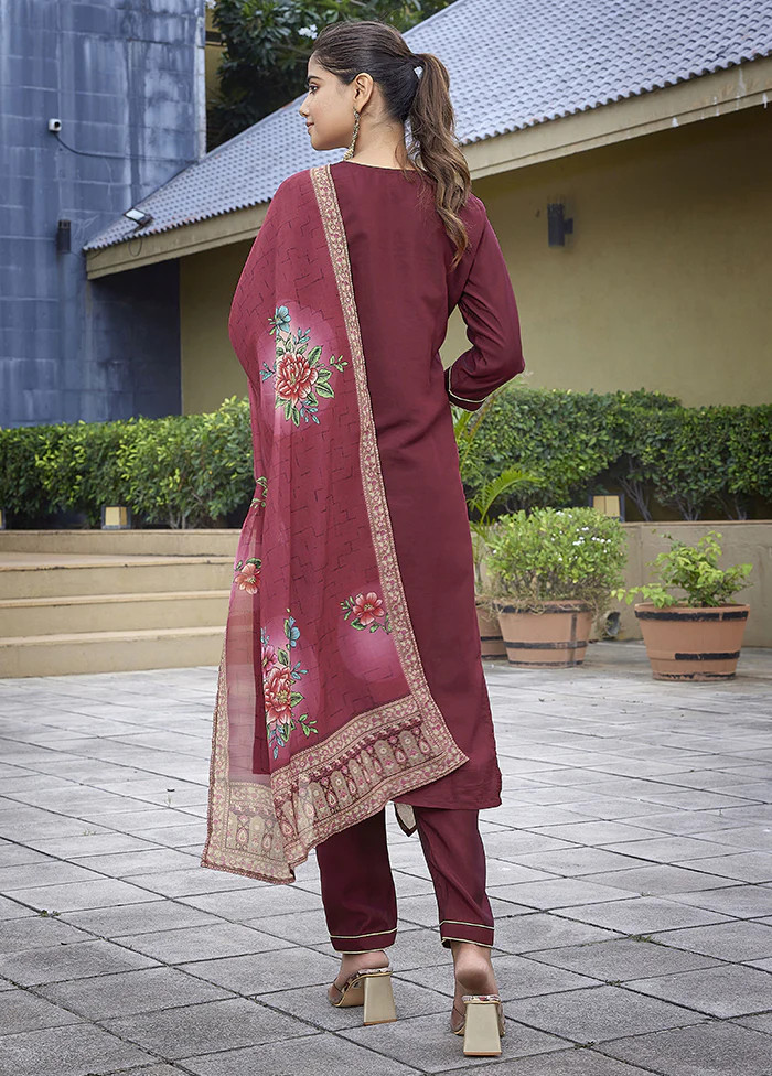 3 Pc Maroon Readymade Viscose Dupatta Suit Set - Image 3