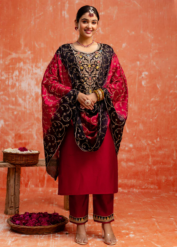 3 Pc Maroon Readymade Viscose Dupatta Suit Set