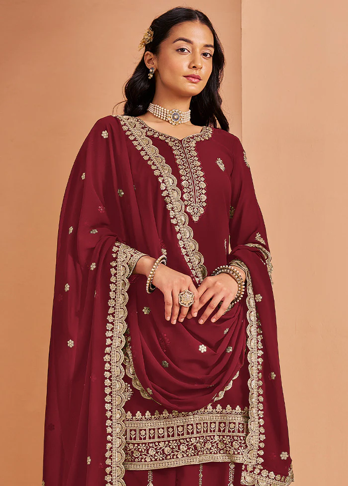 3 Pc Maroon Semi Stitched Georgette Suit Set - Image 2