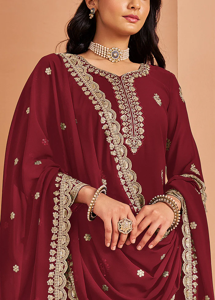 3 Pc Maroon Semi Stitched Georgette Suit Set - Image 3