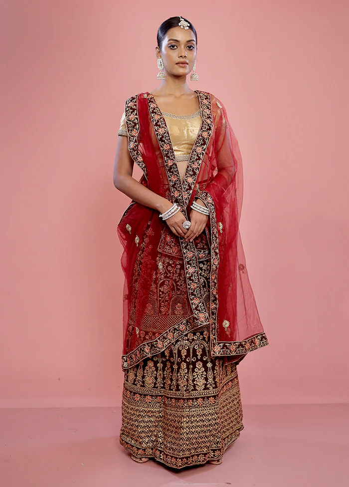 3 Pc Maroon Semi Stitched Silk Lehenga Set
