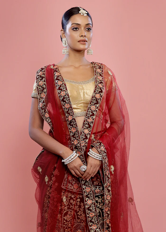 3 Pc Maroon Semi Stitched Silk Lehenga Set - Image 2