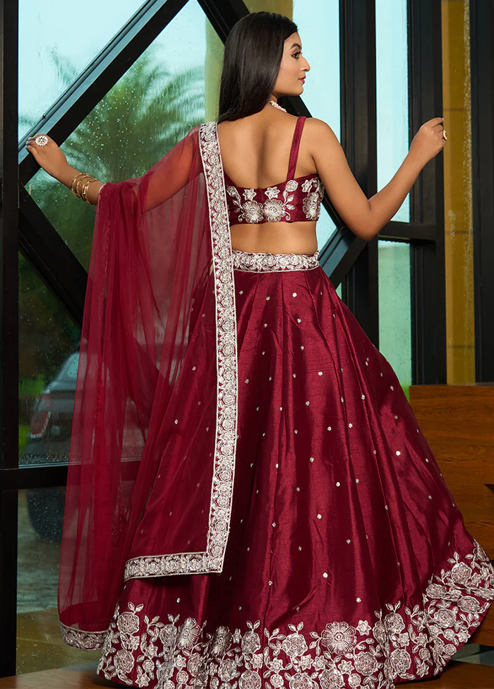 3 Pc Maroon Silk Semi Stitched Lehenga Set - Image 2