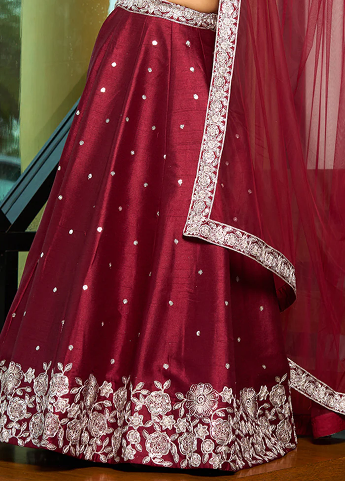 3 Pc Maroon Silk Semi Stitched Lehenga Set - Image 3