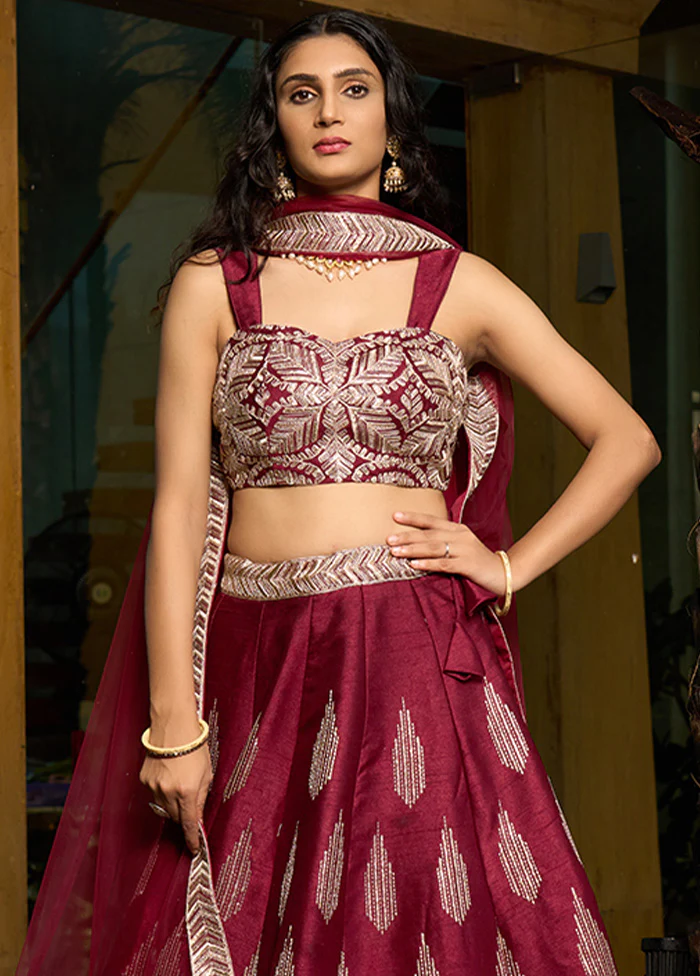 3 Pc Maroon Silk Semi Stitched Lehenga Set - Image 2