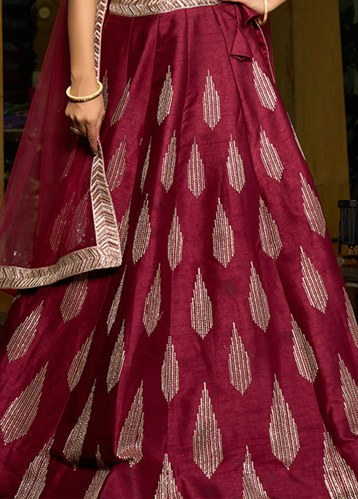 3 Pc Maroon Silk Semi Stitched Lehenga Set - Image 3