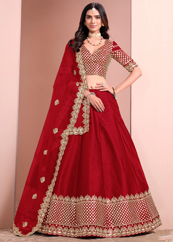 3 Pc Maroon Silk Semi Stitched Lehenga Set