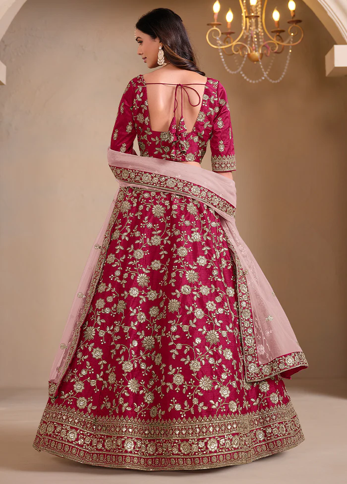 3 Pc Maroon Silk Semi Stitched Lehenga Set - Image 2