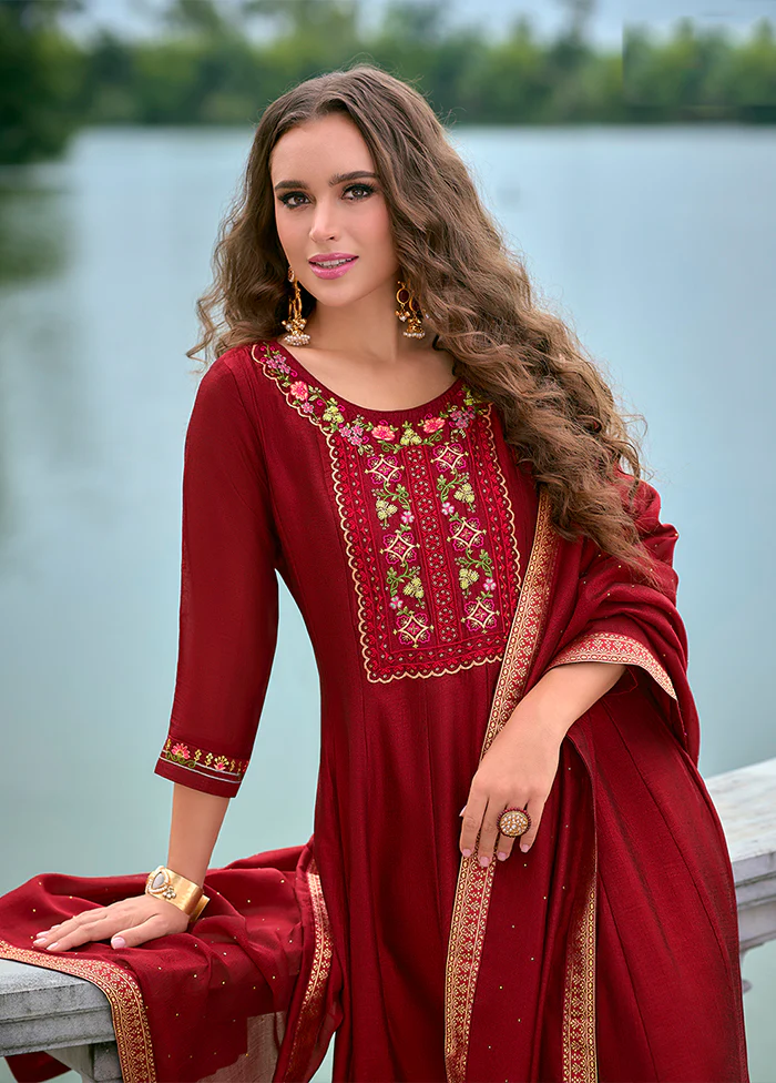 3 Pc Maroon Silk Suit Set - Image 2