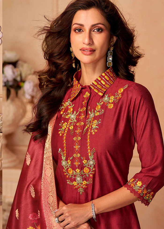 3 Pc Maroon Silk Suit Set - Image 2