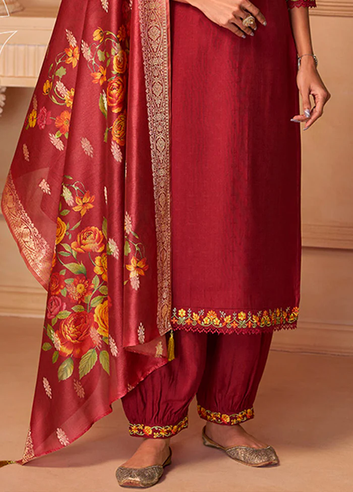 3 Pc Maroon Silk Suit Set - Image 3