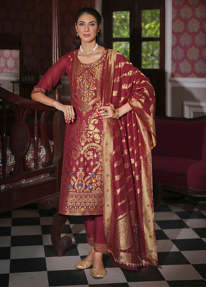3 Pc Maroon Silk Suit Set