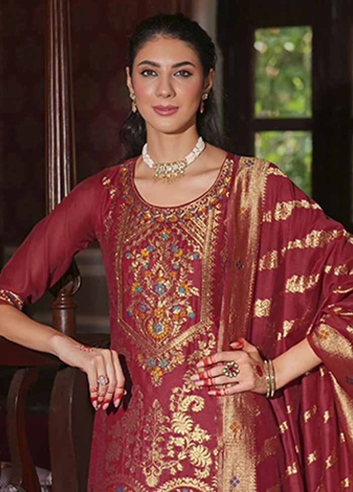 3 Pc Maroon Silk Suit Set - Image 2