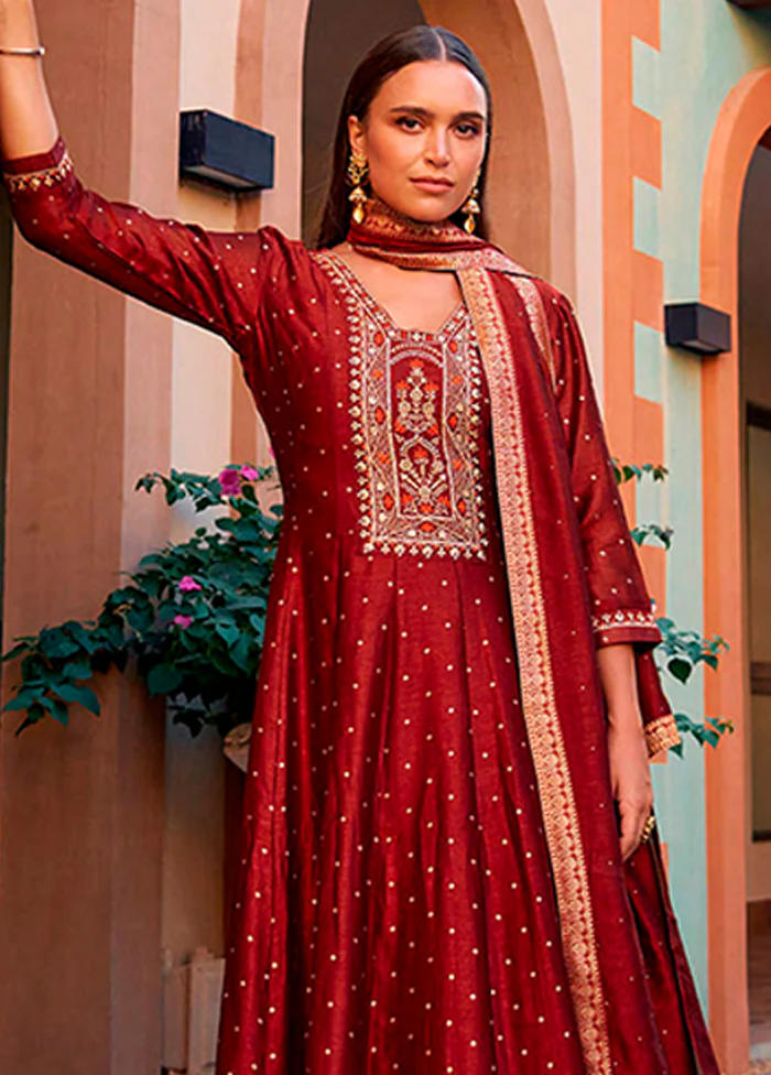 3 Pc Maroon Silk Suit Set - Image 2