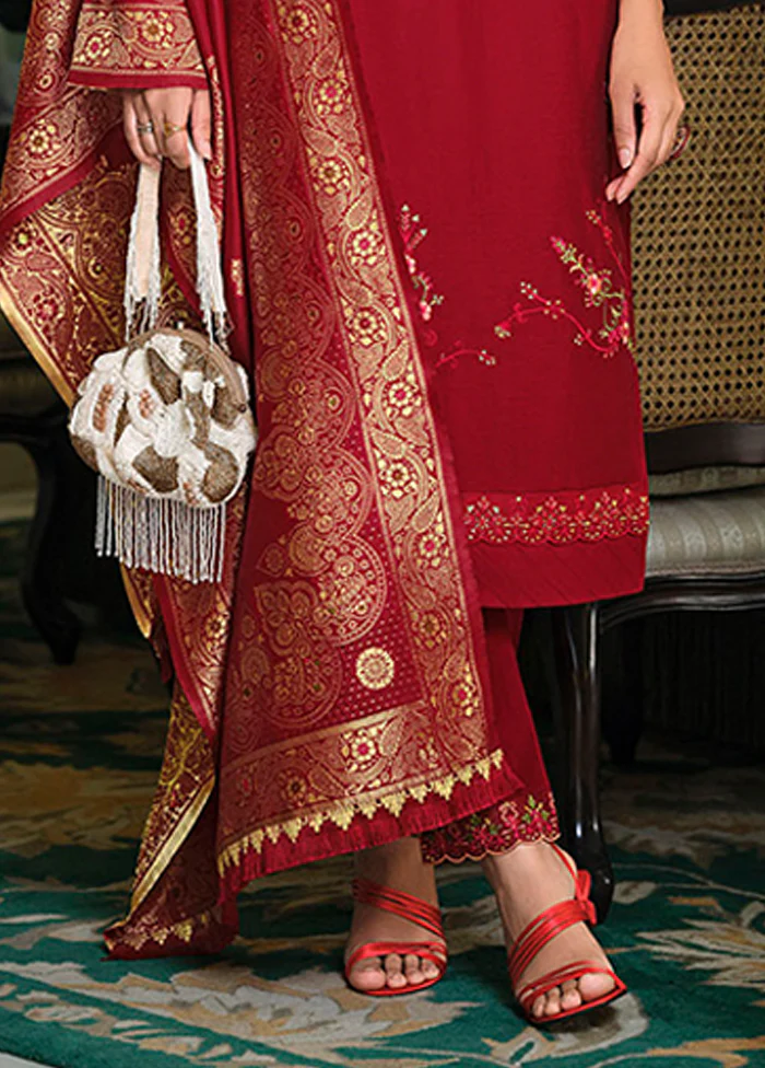 3 Pc Maroon Silk Suit Set - Image 3