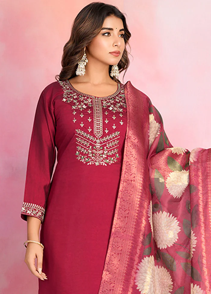 3 Pc Maroon Silk Suit Set - Image 2
