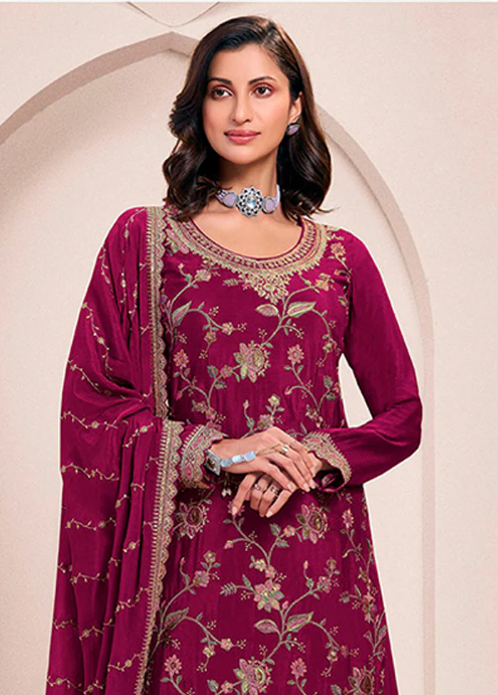 3 Pc Wine Silk Sharara Suit Set - Image 2