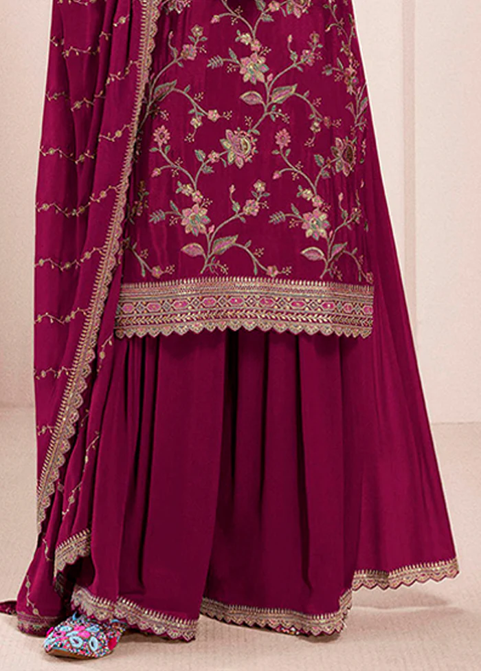 3 Pc Wine Silk Sharara Suit Set - Image 3