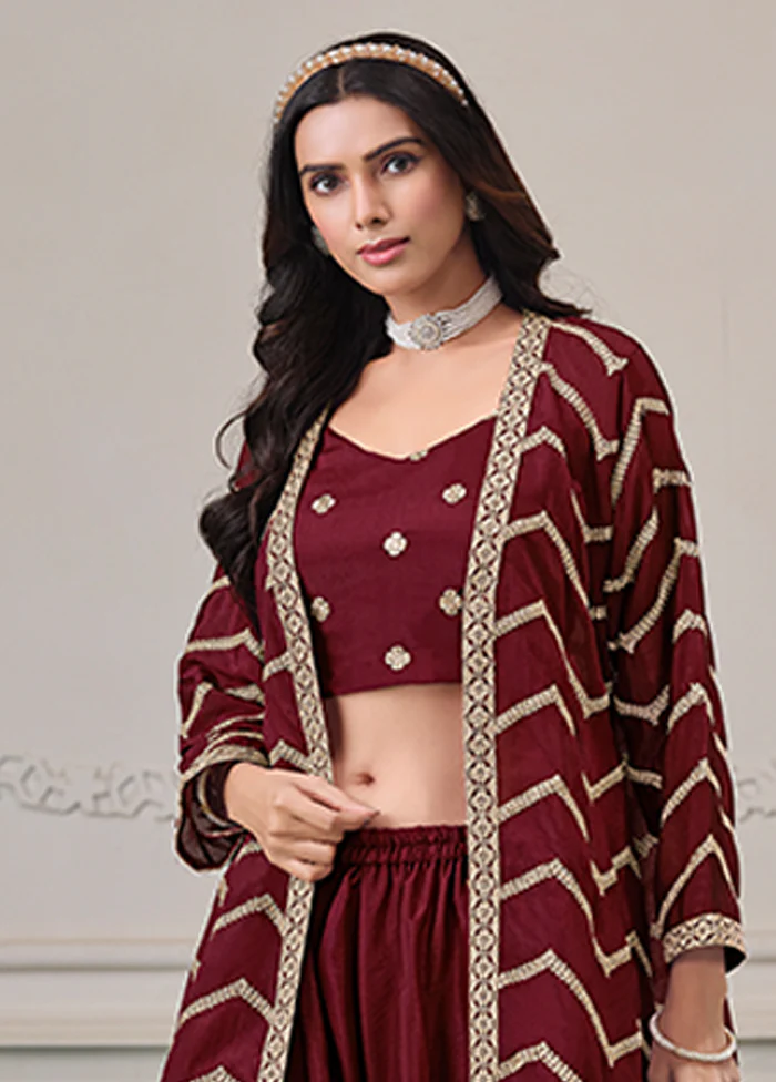 3 Pc Maroon Plazzo Shurg Suits Set - Image 2