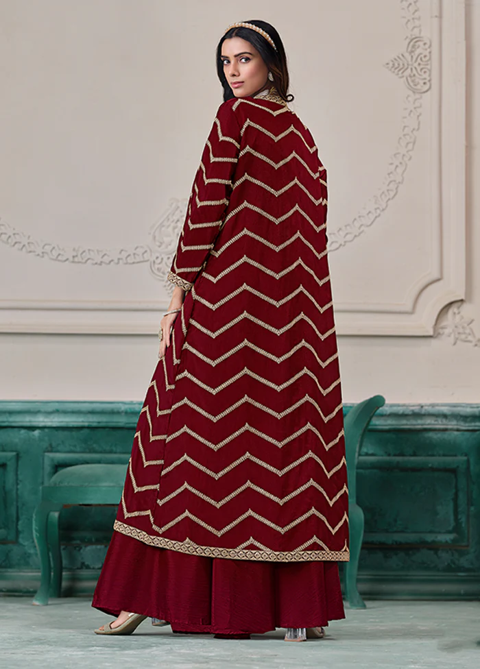 3 Pc Maroon Plazzo Shurg Suits Set - Image 3