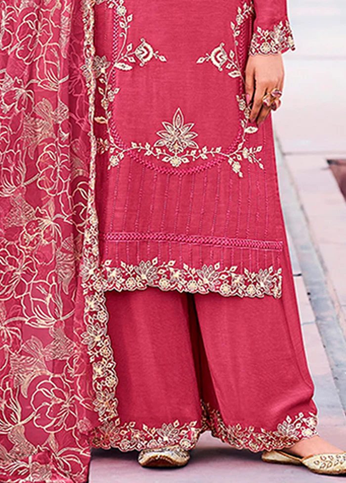 3 Pc Maroon Silk Plazzo Suits Set - Image 3