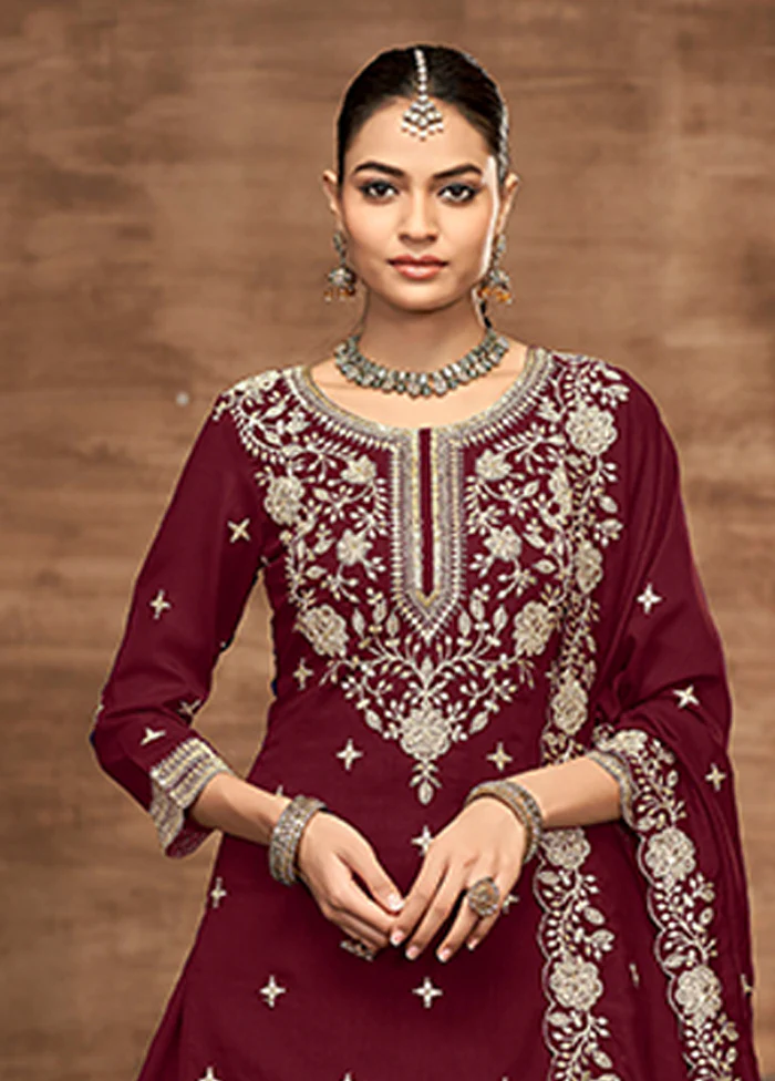 3 Pc Maroon Silk Suit Set - Image 2