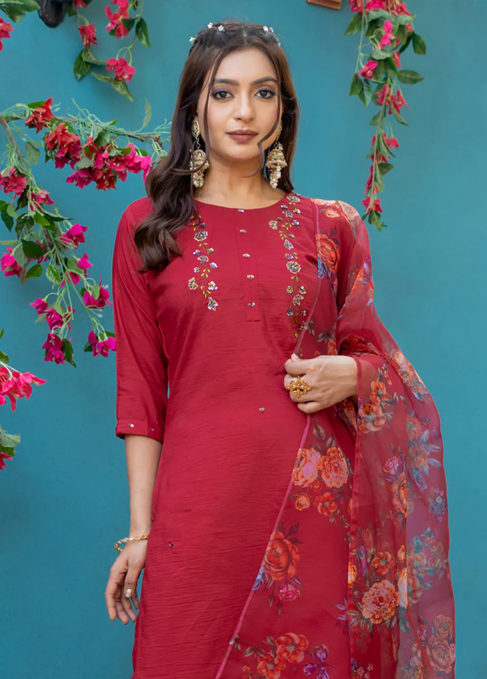3 Pc Maroon Silk Suit Set - Image 2