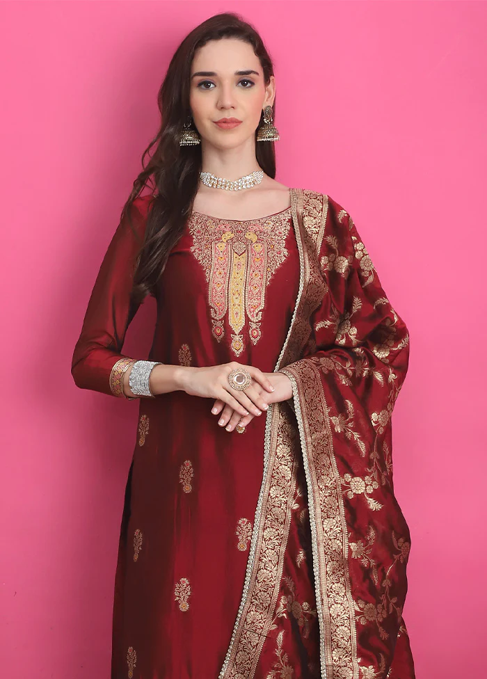 3 Pc Maroon Unstitched Silk Suit Set - Image 2