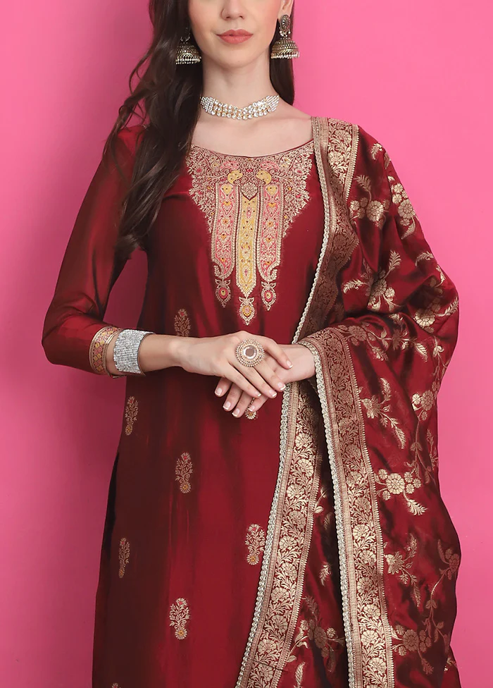 3 Pc Maroon Unstitched Silk Suit Set - Image 3